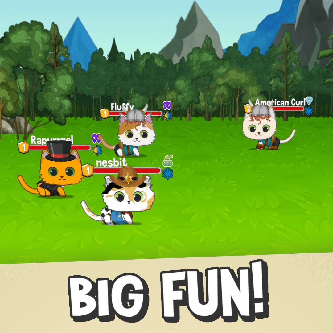 Costumed cat characters in a green landscape with Big Fun message