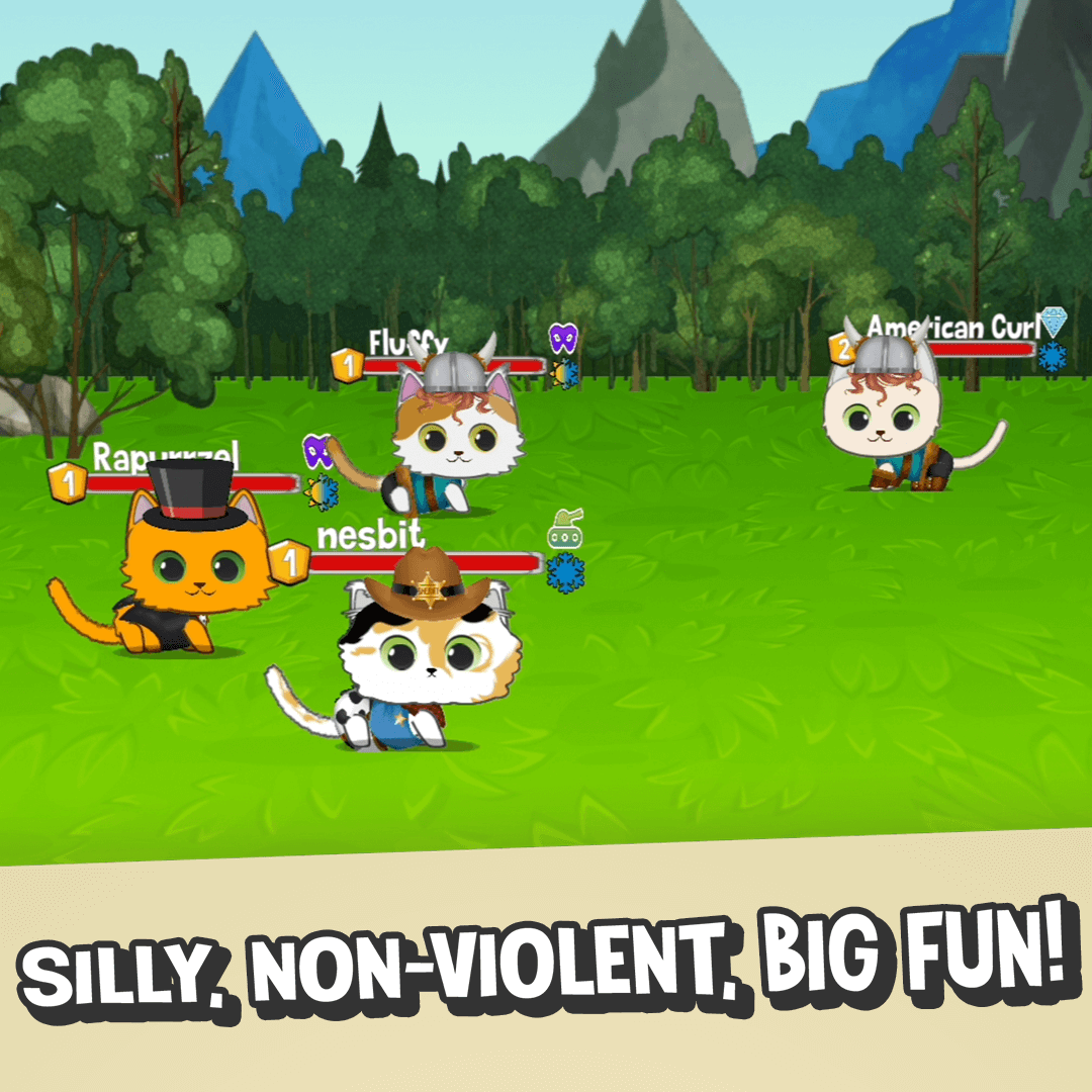 Cat team gameplay with Silly Nonviolent Big Fun message